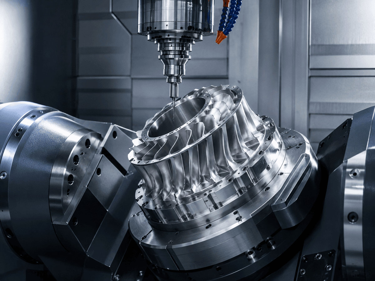 5-axis CNC machine cutting an impeller