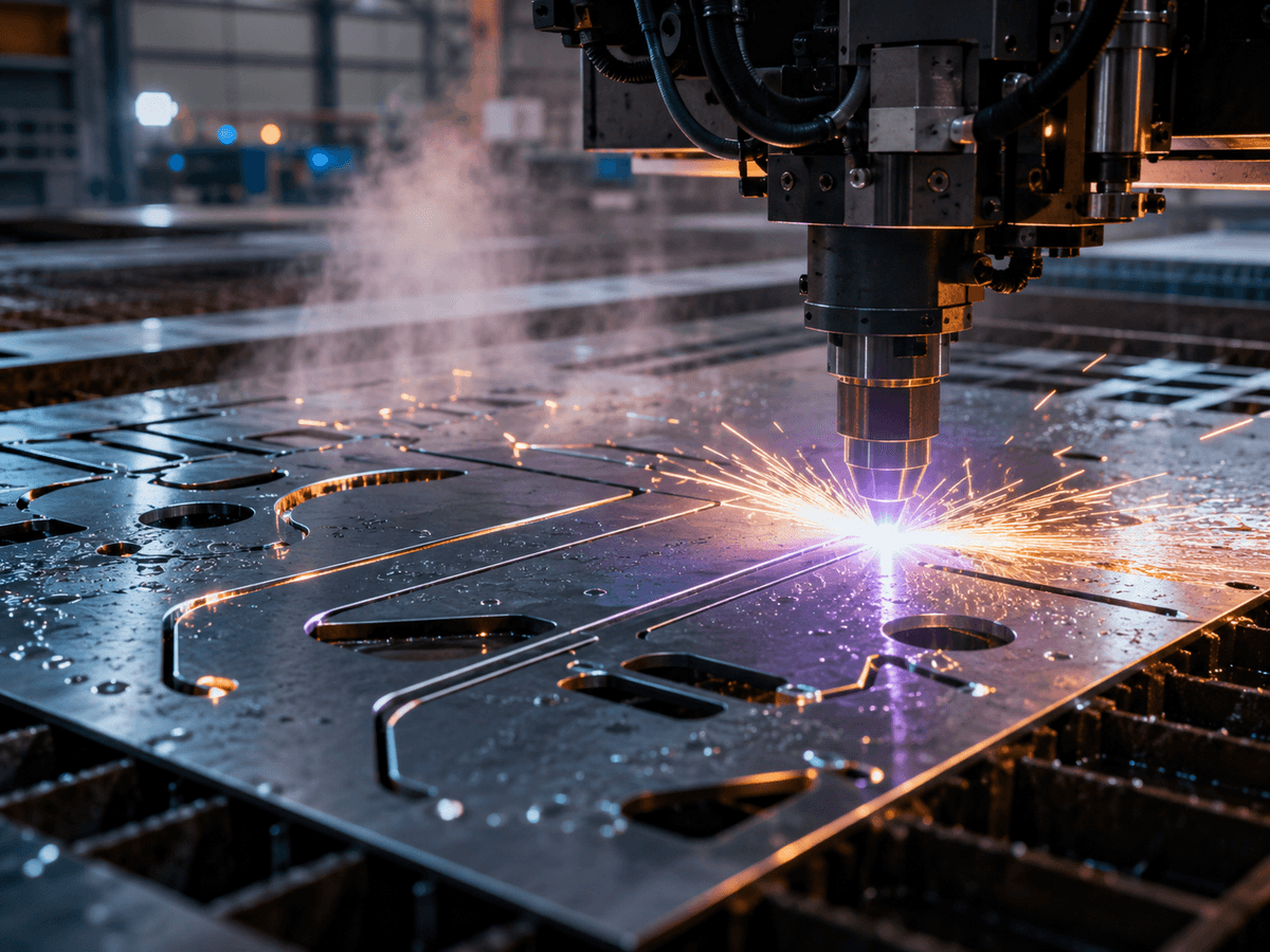 Plasma cutter cutting sheet metal with sparks