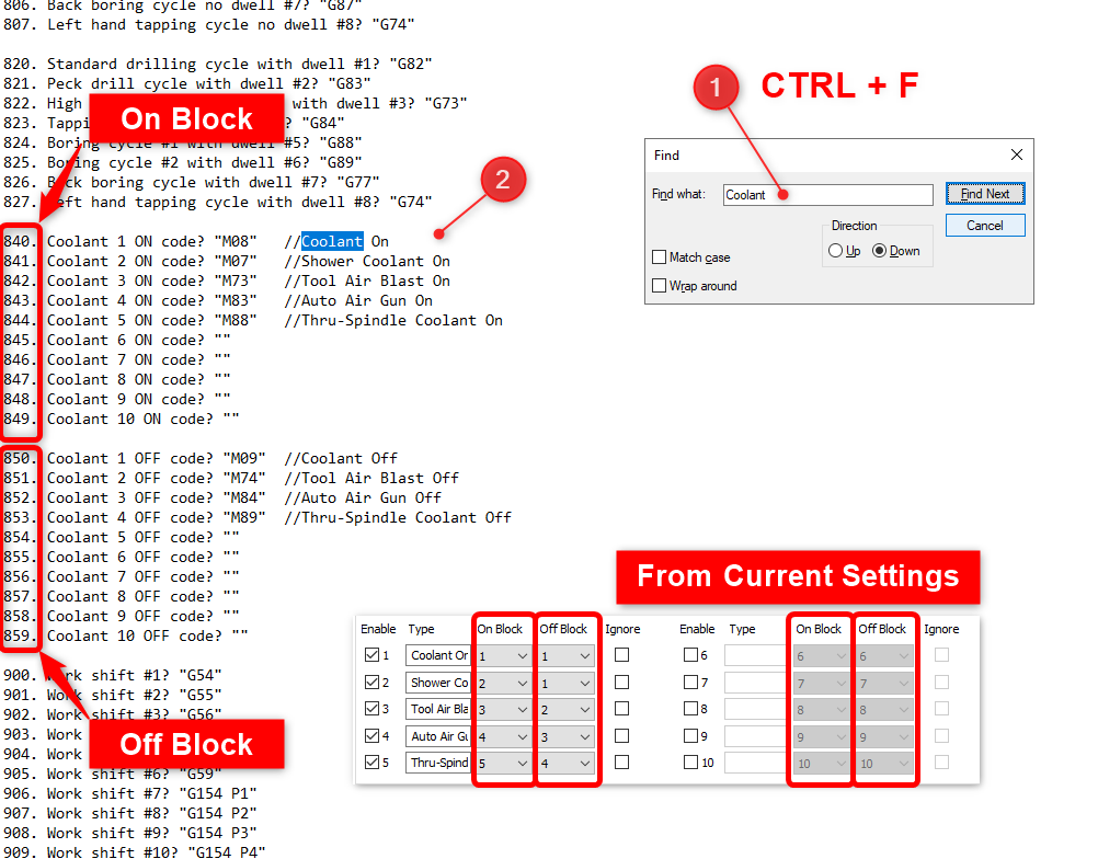 Picture depicts the Haas Post Processor .bcpst file opened and showing Blocks 840-859 to setup Coolant M-Codes