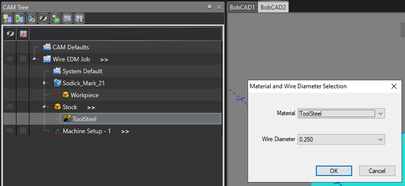 Wire EDM Cutting Conditions Database in the CAM Tree