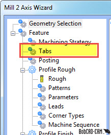 Tabs list in BobCAD CNC software