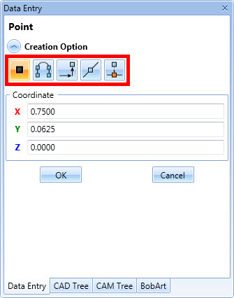 BobCAD's drawing features offers multiple options that are listed at the top of the data entry window. 