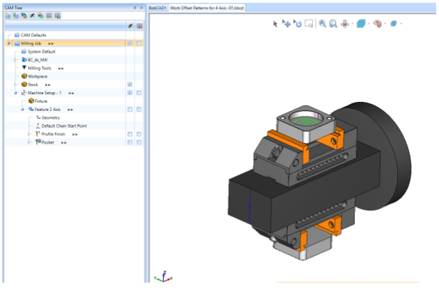CAM Tree - create a new milling job and create a pocket and profile finish for the stock at the top of the tombstone