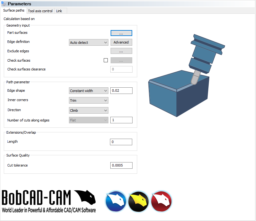 The new deburring functionality in BobCAM for Rhino V2 allows users to generate toolpath to break the sharp edges around a given part with ease.