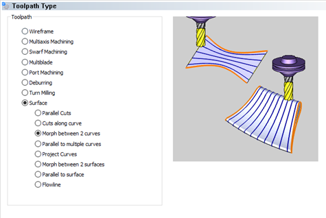  4 Axis Pro Morph Between Two Curves toolpath, you are able to select the surface edges at where you are starting the toolpath and the surface edges at which you are ending the operation