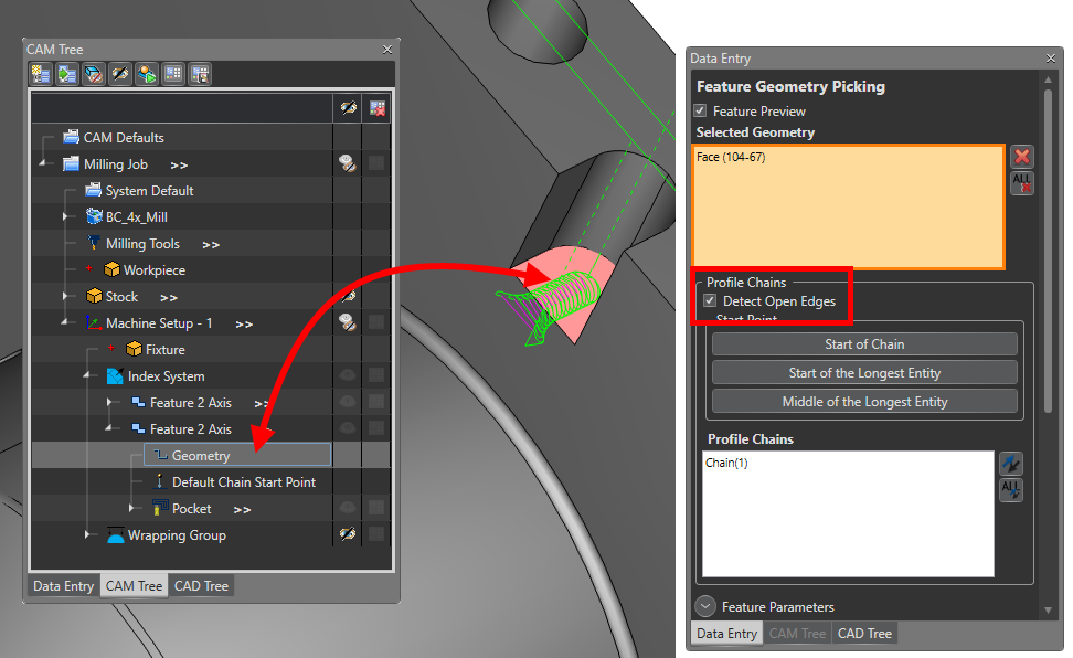 4 axis open geometry selection